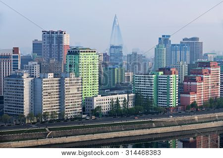 Pyongyang, North Korea -  April 30, 2019: Skyline And Taedong River In The Morning Fog. View On Mode
