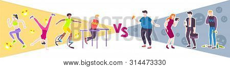 Sport Vs Lazy Design Concept With People Leading Unhealthy Lifestyle And Group Of Athletes Engaged I