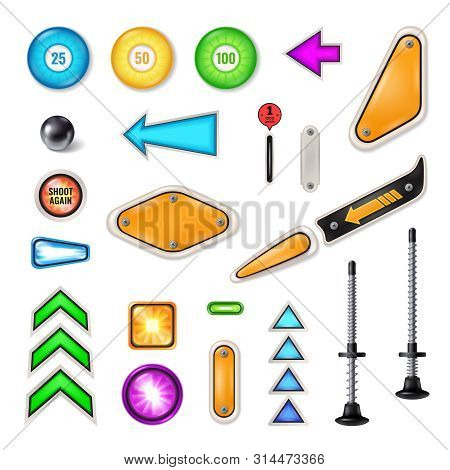 Pinball Machine Play Field Realistic Set With Plunger Steel Ball Glowing Arrows Flippers Bumpers Tar