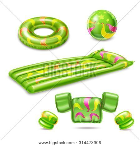 Swimming Accessories Green Set Of Inflatable Cuffs Mattress Ball Life Ring Isolated On White Backgro