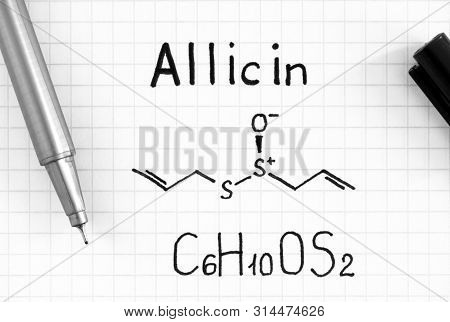 Handwriting Chemical Formula Of Allicin With Black Pen. Close Up.