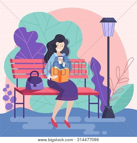 Businesswoman During A Breaktime Reading A Book In The Park With Takeaway Coffee, Flat Vector Illust