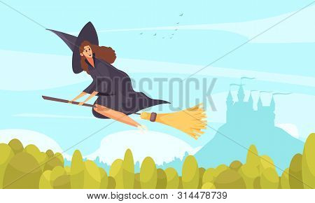 Fairy Tale Book Background With Dragon Castle And Mermaid Flat Vector Illustration