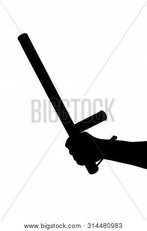 A Black And White Silhouette Of Bare Hand With Rubber Police Baton Isolated On White Background