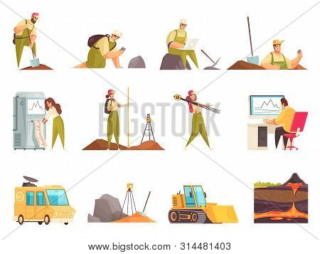 Geologist Set Of Isolated Flat Doodle Style Icons And Images With Geology Workers Equipment And Tran