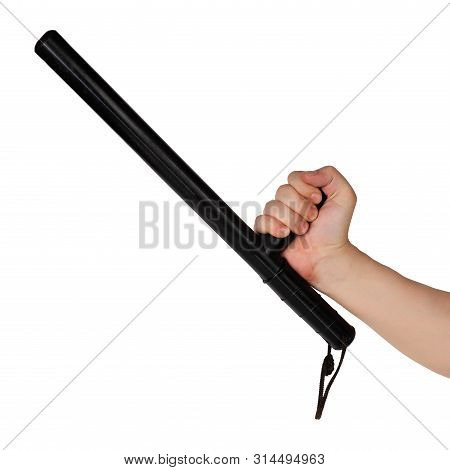 Bare Hand With Black Rubber Police Baton Isolated On White Background
