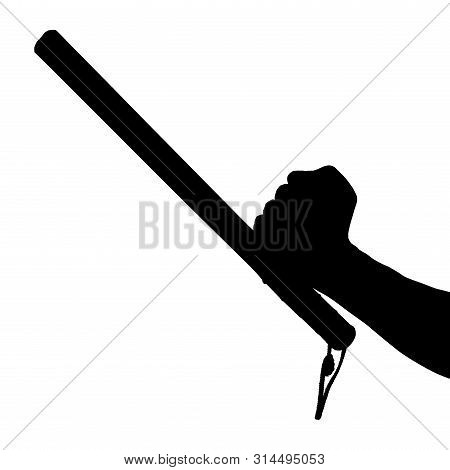 A Black And White Silhouette Of Bare Hand With Rubber Police Baton Isolated On White Background