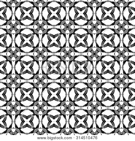 Black And White Geometric Seamless Pattern. Hand Drawn Watercolor Ornament. Beauteous Repeating Desi