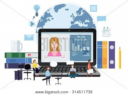 Online Education Webinar Icons Composition With Teacher Coach Trainer Women And Students On Laptop E