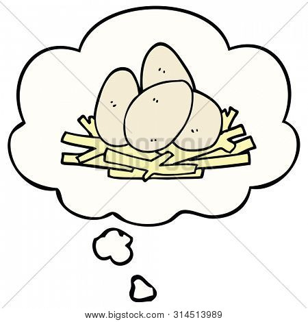 cartoon eggs in nest with thought bubble
