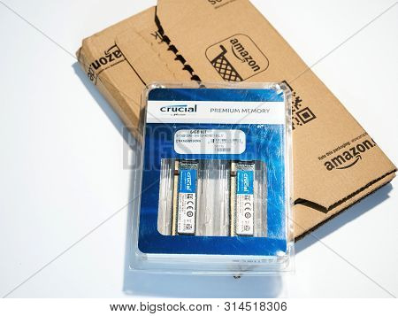 Paris, France - Jun 17, 2017: View From Above Of Unboxing Process Of New Crucial Premium Memory For 