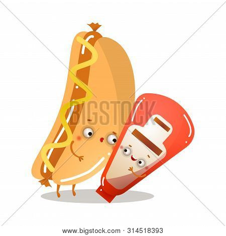 Cute Healthy Hot Dog Character Is Dancing Tango With Tomato Ketchup