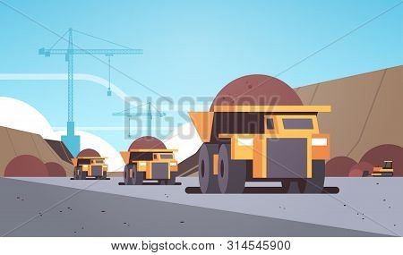 Heavy Yellow Dumper Trucks Professional Equipment Working On Coal Mine Production Mining Transport C