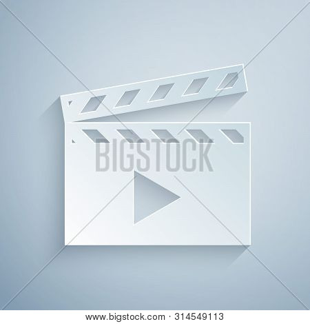 Paper Cut Movie Clapper Icon Isolated On Grey Background. Film Clapper Board. Clapperboard Sign. Cin