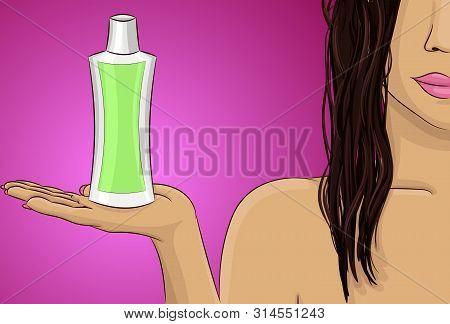 Woman With Wet Hairs Keep Bottle Of Shampoo Or Conditioner