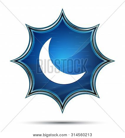 Crescent Half Moon Icon Isolated On Magical Glassy Sunburst Blue Button