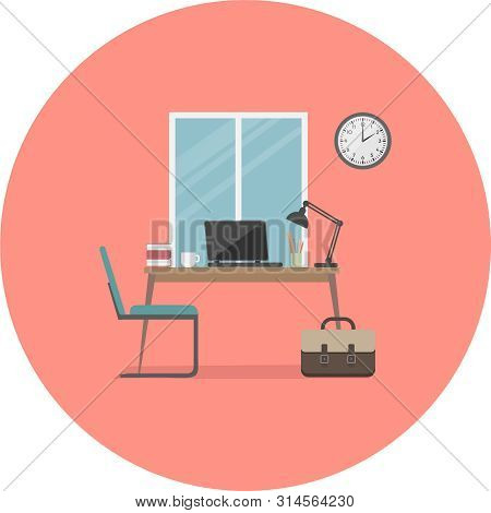 Flat Illustration Of Workplace. Office Interior. The Laptop On The Desktop