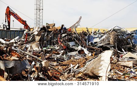 Umea, Sweden - July 3, 2019: Industrial Garbage Dump With Lots Of Metal At Vasterslatt