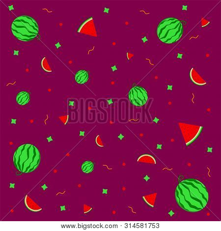 Purple Background With Slices And Whole Watermelons, Vector Illustration