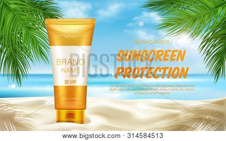 Sunscreen Protection Cosmetic, Mock Up Banner, Summer Uv Block Cream Tubes Stand On Sand At Seascape