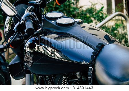 Tel Aviv Israel July 29, 2019 View Of A Harley Davidson Screamin Eagle 110 Parked In The Street In T