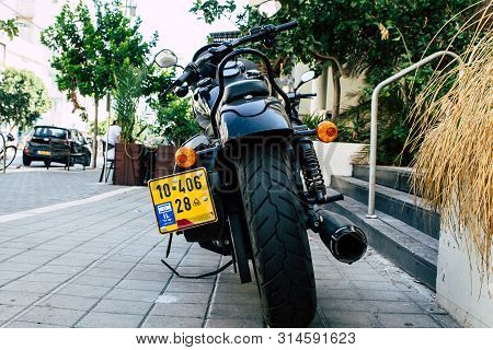 Tel Aviv Israel July 29, 2019 View Of A Harley Davidson Screamin Eagle 110 Parked In The Street In T