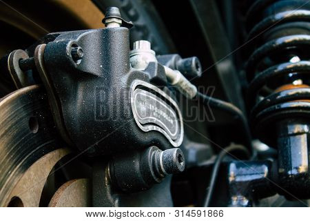 Tel Aviv Israel July 29, 2019 View Of A Harley Davidson Screamin Eagle 110 Parked In The Street In T