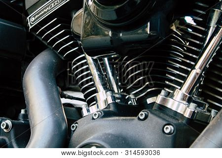 Tel Aviv Israel July 29, 2019 View Of A Harley Davidson Screamin Eagle 110 Parked In The Street In T