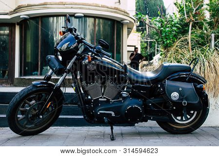 Tel Aviv Israel July 29, 2019 View Of A Harley Davidson Screamin Eagle 110 Parked In The Street In T