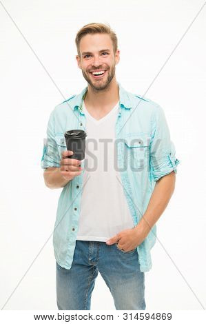 Have Coffee For Good Mood. Recyclable Coffee Cup. Hipster Man Hold Paper Coffee Cup. Relaxing Break.