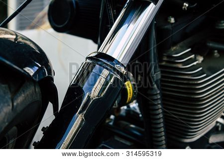 Tel Aviv Israel July 29, 2019 View Of A Harley Davidson Screamin Eagle 110 Parked In The Street In T