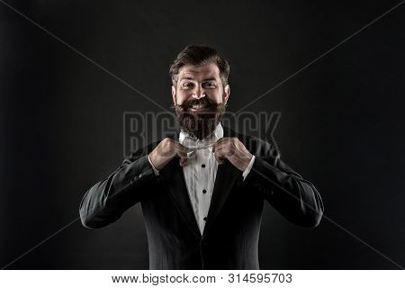 Perfect Groom. Bearded Man With Bow Tie. Well Dressed Scrupulously Neat. Hipster Formal Suit Tuxedo.