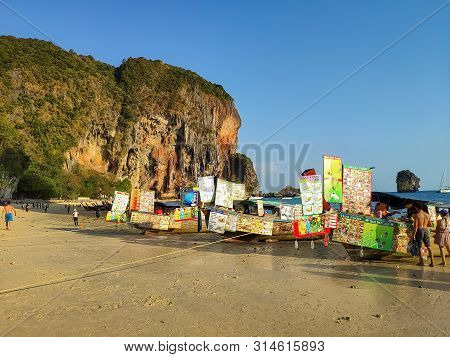 Thailand, Krabi Aonang Beach- February 19, 2019:  Floating Food Market. Boats With Fast Food Ashore