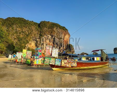 Thailand, Krabi Aonang Beach- February 19, 2019:  Floating Food Market. Fast Food Boats On The Beach