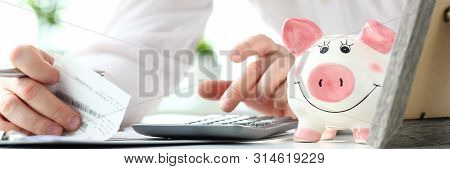 Funny Nice Piggybank And Male Business In Background Evaluating Expenses And Rechecking Financial Bi