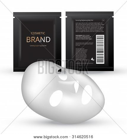 Plastic Packaging With Sheet Mask. Blank Foil Or Plastic Sachet For Food Or Medicines. Design Templa