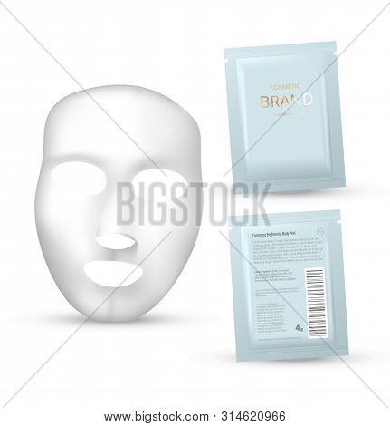 Plastic Packaging With Sheet Mask. Blank Foil Or Plastic Sachet For Food Or Medicines. Design Templa
