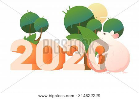 Pink Rat And Tropical Trees. 2020, Outdoors, Sun. New Year Vacation Concept. Vector Illustration Can