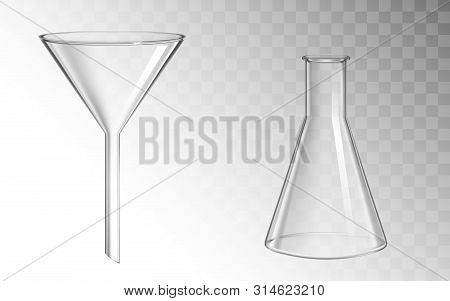 Glass Funnel And Flask, Glassware For Chemical Laboratory Isolated On Transparent Background, Filtra