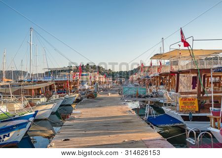 Ucagiz, Turkey - November 3, 2018: Boats at marina in Ucagiz village of Kekova in Turkey