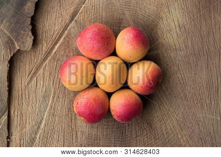Organic Apricots On Wooden Background, Flat Lay Photography