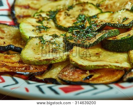 Grilled Vegetables With Zaatar Vinaigrette,serving Platter As They Finish Grilling.