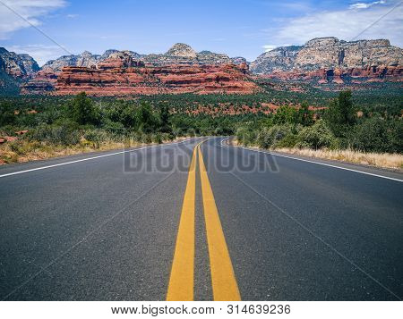 Driving On Boynton Pass Road In Sedona, Arizona Towards Boynton Canyon And Mescal Mountain.