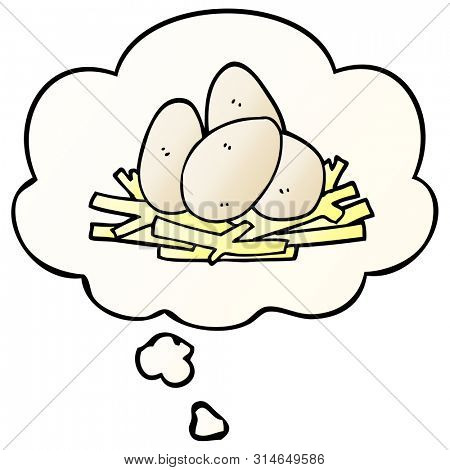 cartoon eggs in nest with thought bubble in smooth gradient style