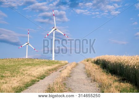 Windmills For Electric Power Production On The Field Of Cereal.