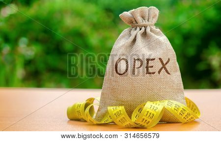 Money Bag With The Word Opex And Tape Measure. Day-to-day Business Expenses. Production Of Goods And