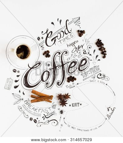 Hand Drawn Breakfast Lettering Typography with classic Phrases in a vintage composition with real cakes