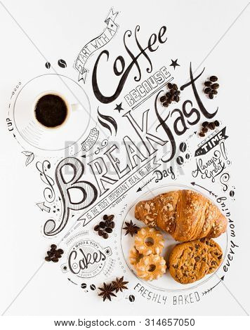 Hand Drawn Breakfast Lettering Typography with classic Phrases in a vintage composition with real cakes