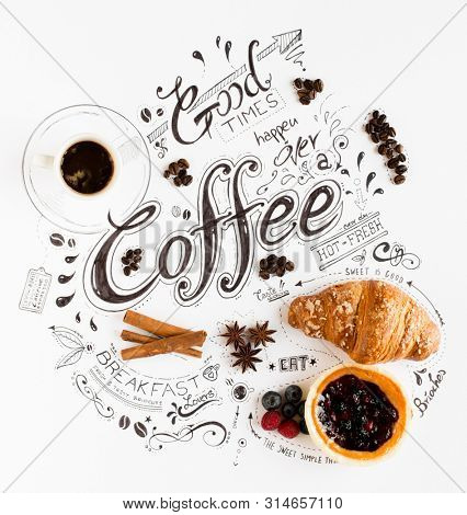 Hand Drawn Breakfast Lettering Typography with classic Phrases in a vintage composition with real cakes