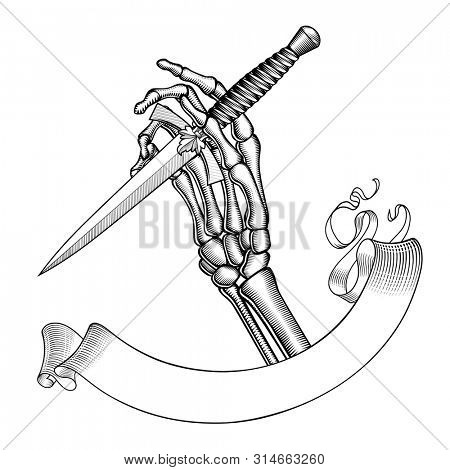Skeleton hand holding a dagger with rose and ribbon banner. Retro design element and symbol. Vintage engraving stylized drawing